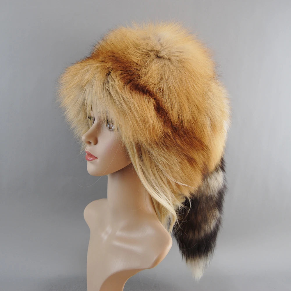 2024 Unisex Real Fox Fur Beanies Hat Mongolian Hat Unique Process Fox Tail Design Luxury Winter Warm Hats for Fashion Bomber Hat