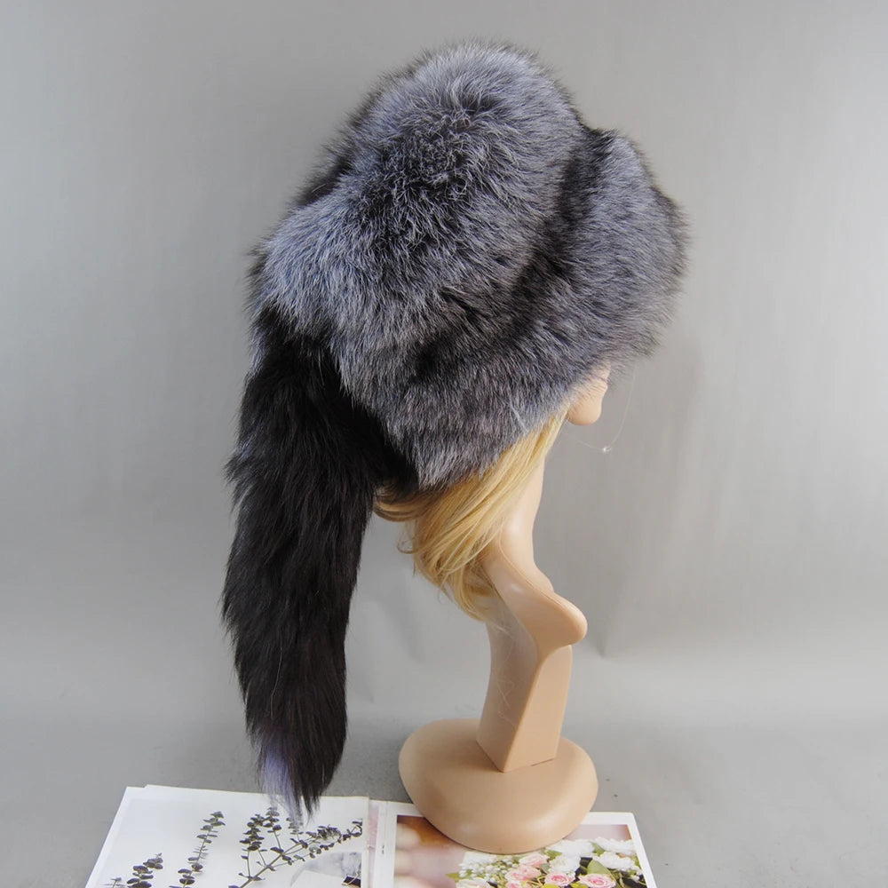 2024 Unisex Real Fox Fur Beanies Hat Mongolian Hat Unique Process Fox Tail Design Luxury Winter Warm Hats for Fashion Bomber Hat