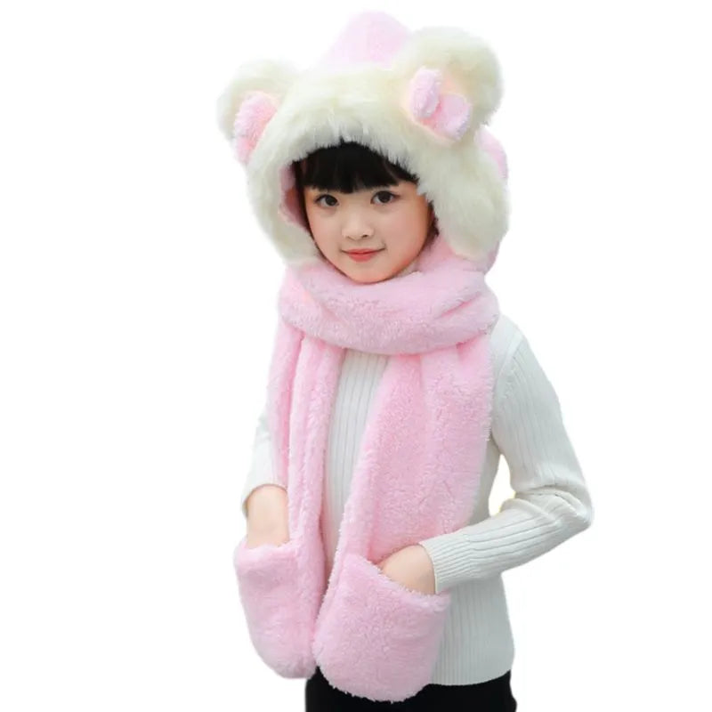 Kids 3 in 1 Warm Plush Winter Hat  Bear Ears Scarf Gloves Hoodie Cap