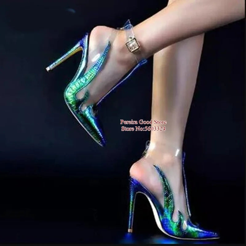 Sexy Flame Design Fluorescent Blue High Heel Sandals Hollow Clear PVC Buckle Strap Gladiator Dress Shoes Drop Ship