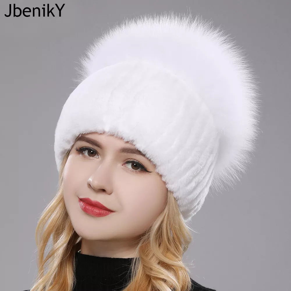 Russia New Style Women Real Genuine Fox Fur Beanies Hat Girls Natural Real Rex Rabbit Fur Skullies Cap Knit Winter Real Fur Hats