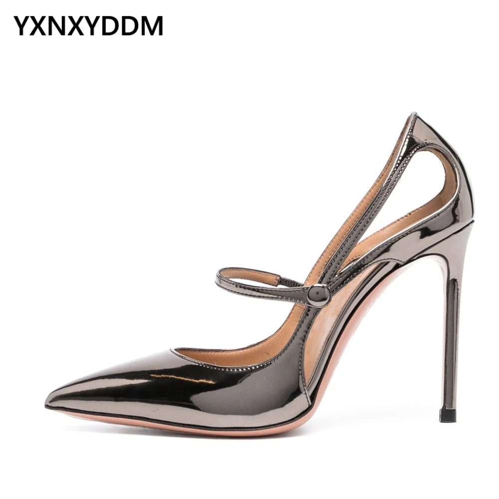 Women's Pointed Toe Strap High Heels Dark Silver Pumps 2023 New Party Shoes Ladies Stilettos Heeled Dress Shoe Large Size Pumps