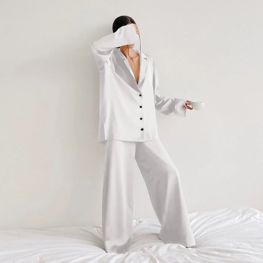 Women Silk Sleepwear Long Loungewear 2 Pieces Pajama Set