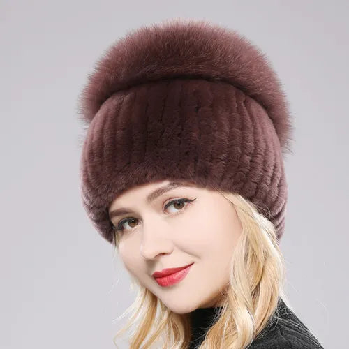 Russia New Style Women Real Genuine Fox Fur Beanies Hat Girls Natural Real Rex Rabbit Fur Skullies Cap Knit Winter Real Fur Hats