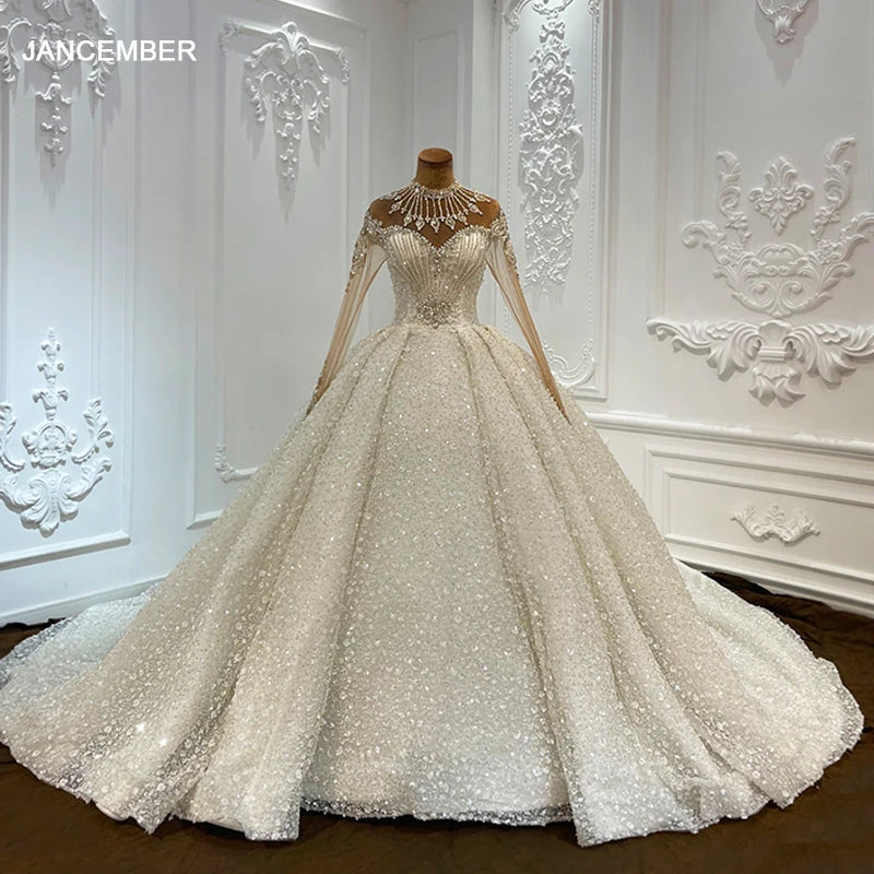 Luxury Crystal Beaded Shimmering Wedding Dress Embroidery Long Sleeve Princess