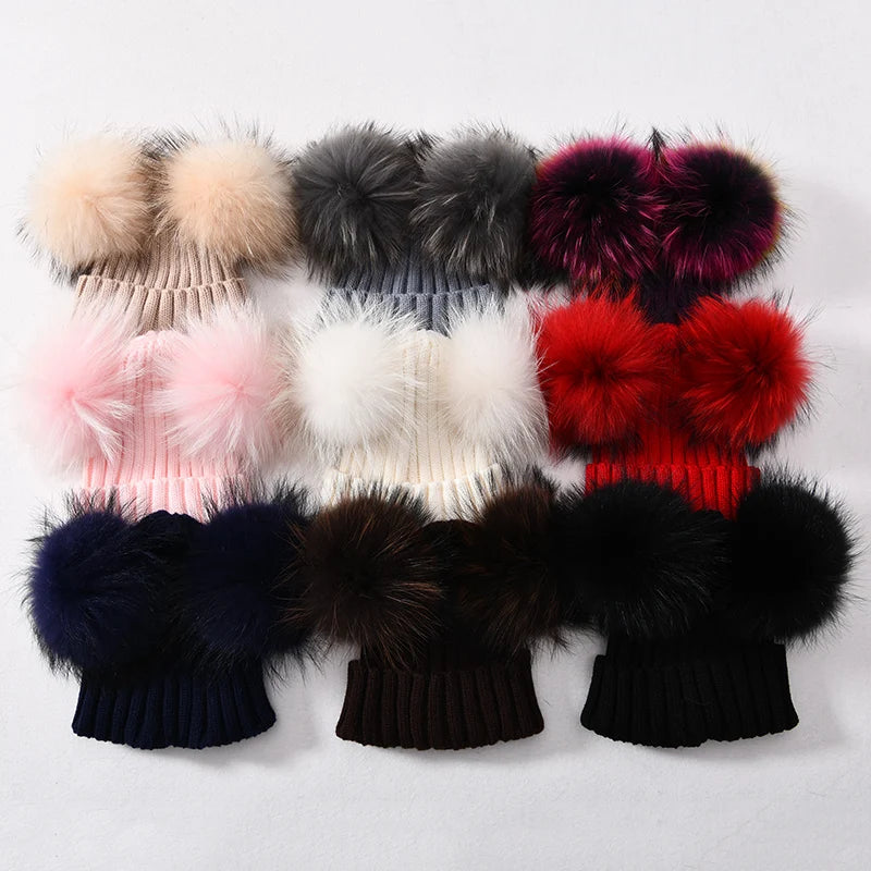 Winter Real Fur Ball Beanie Hat for Women Ladies Fluffy Double Natural Raccoon Fur Pom Pom Skullies Beanie Hat With 2 Fur Pompom