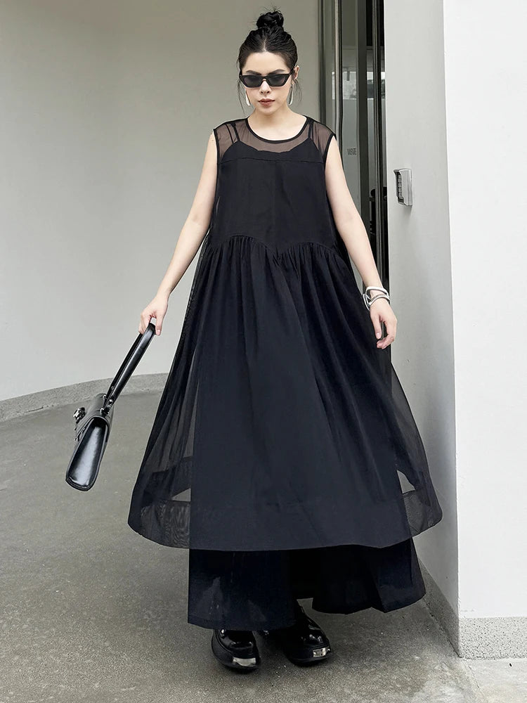 Women Black Mesh Pleated Elegant Dress