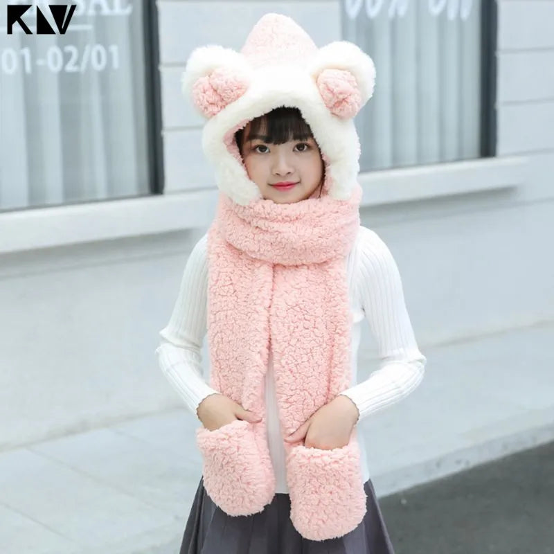 Kids 3 in 1 Warm Plush Winter Hat  Bear Ears Scarf Gloves Hoodie Cap