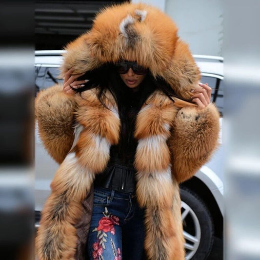 New Faux Fur Fox Fur Hooded Coat Women High Quality Genuine Jacket Thick Jackets 130cm Long Winter Warm Overcoats Luxury Fur