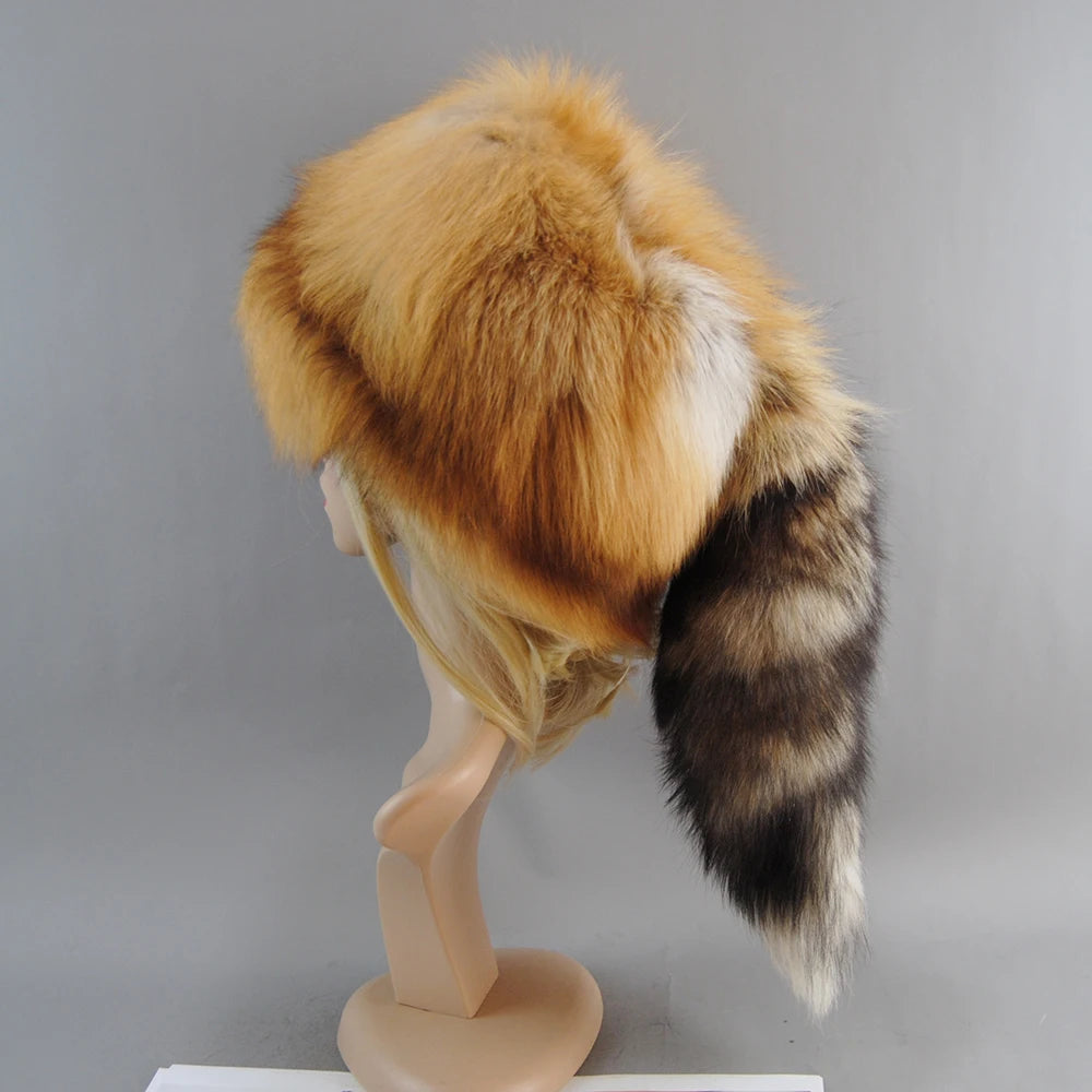 2024 Unisex Real Fox Fur Beanies Hat Mongolian Hat Unique Process Fox Tail Design Luxury Winter Warm Hats for Fashion Bomber Hat