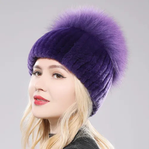 Russia New Style Women Real Genuine Fox Fur Beanies Hat Girls Natural Real Rex Rabbit Fur Skullies Cap Knit Winter Real Fur Hats