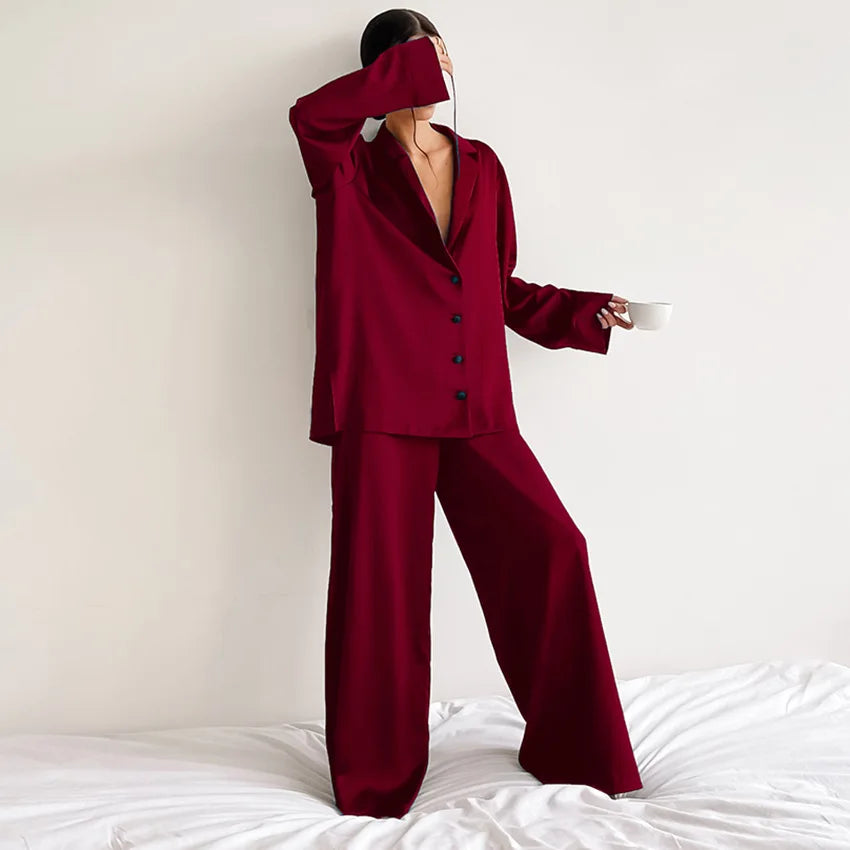 Women Silk Sleepwear Long Loungewear 2 Pieces Pajama Set