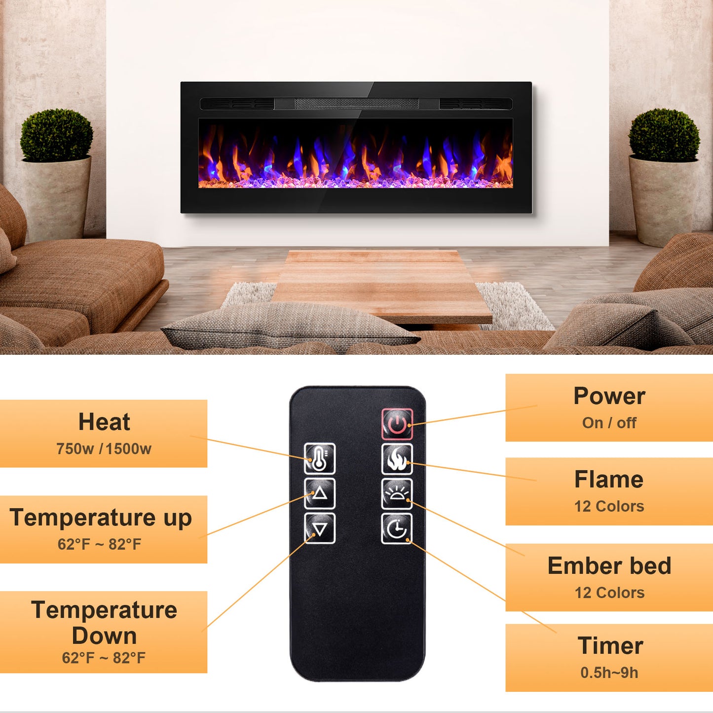 Electric Fireplace Heater 12 Flame Remote Control 750/1500w Heater Dropship