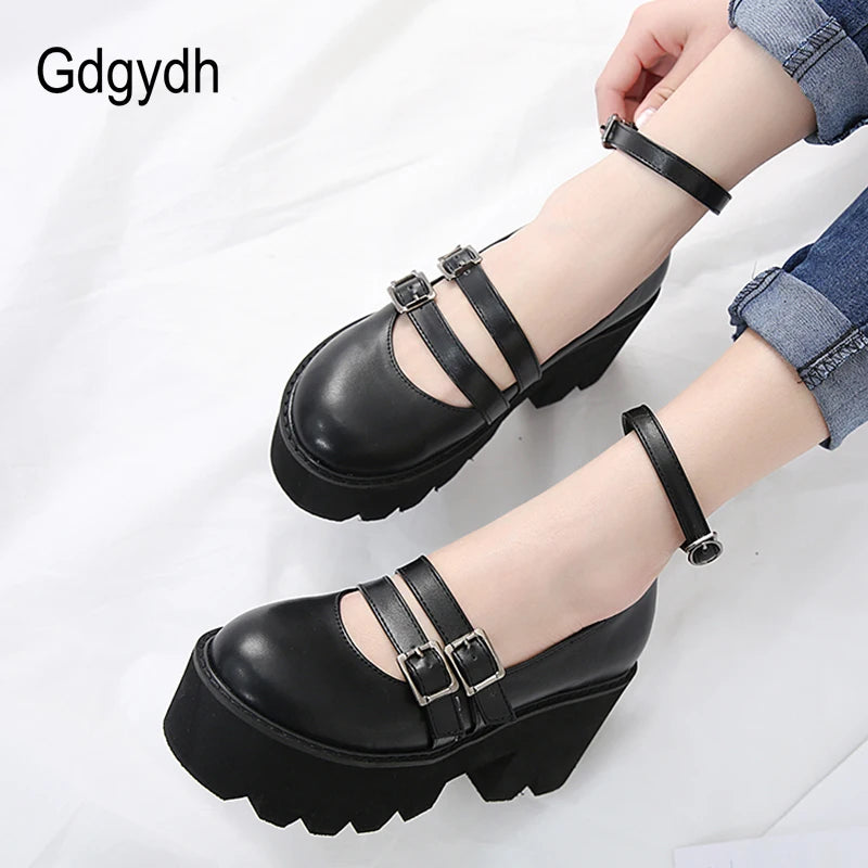 Womens Pump Shoes Ankle Strap High Chunky Heels Platform Shoes with Buckle