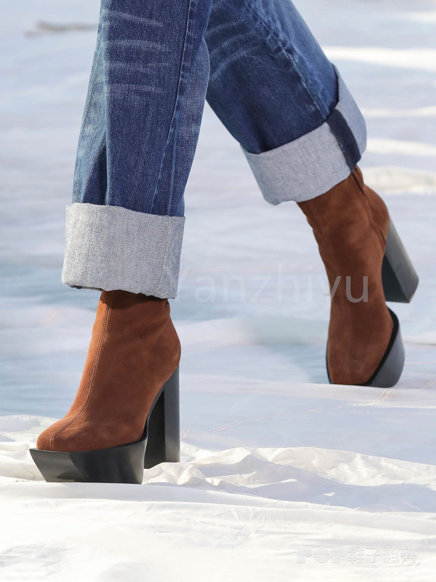 Wood Platform Boots PU Leather Designer Dress Shoes Zip Ankle Short Booties Luxury Boots Chunky High Heels Winter Cowboy Boots