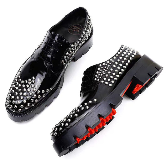 PDEP Luxury Rivet Red Bottom Genuine Leather Men Dress Shoes Lace Up Chunky Height Increasing Men Designer Shoes