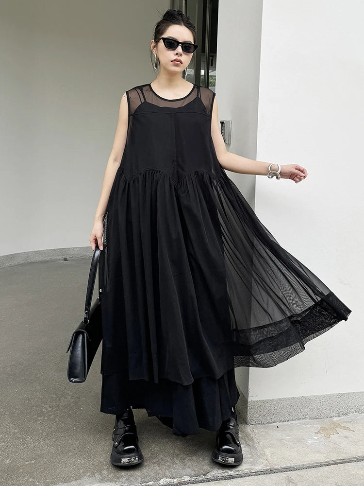 Women Black Mesh Pleated Elegant Dress