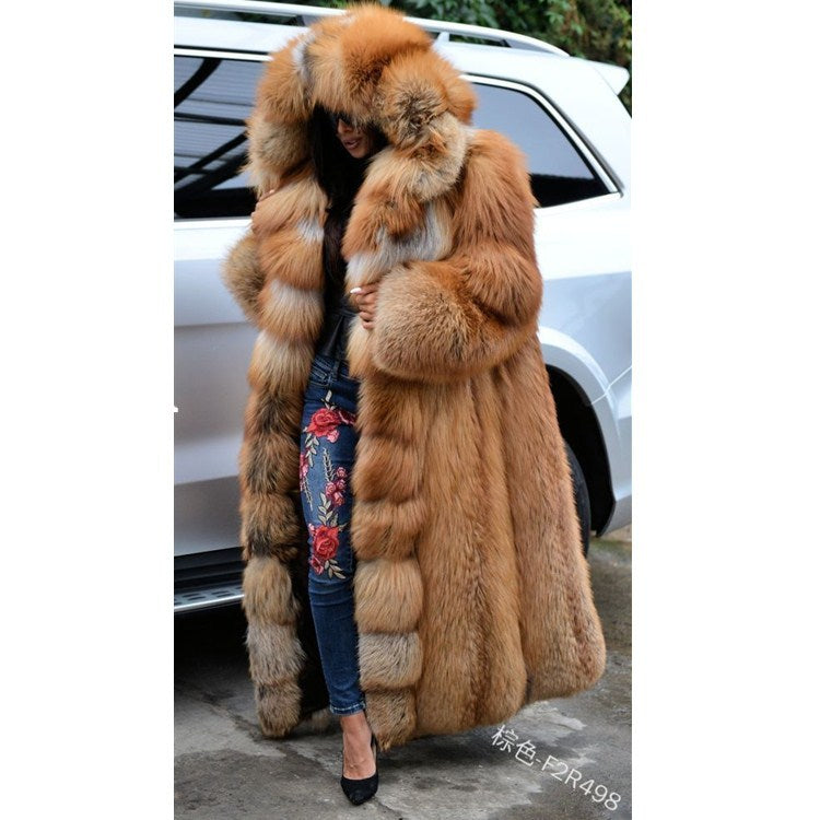 New Faux Fur Fox Fur Hooded Coat Women High Quality Genuine Jacket Thick Jackets 130cm Long Winter Warm Overcoats Luxury Fur