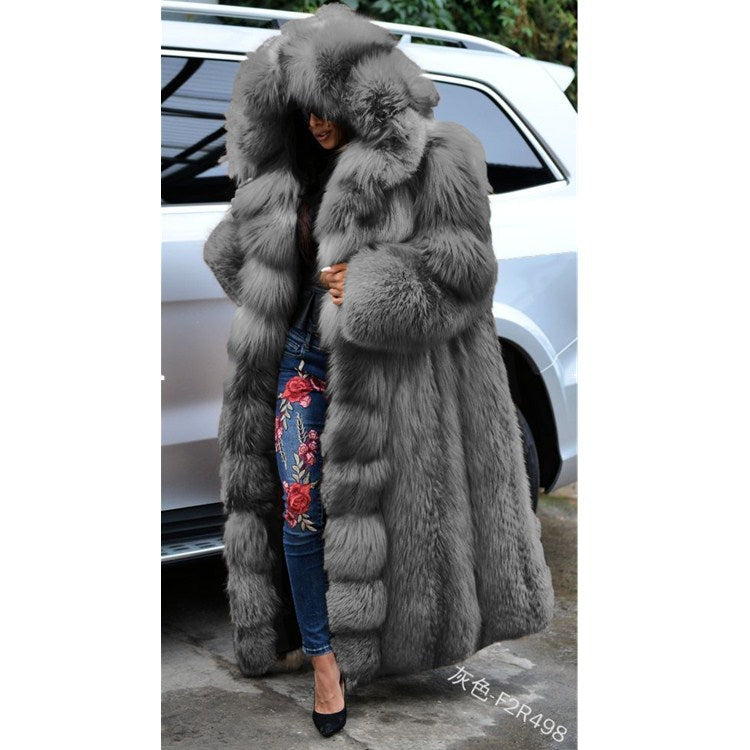 New Faux Fur Fox Fur Hooded Coat Women High Quality Genuine Jacket Thick Jackets 130cm Long Winter Warm Overcoats Luxury Fur