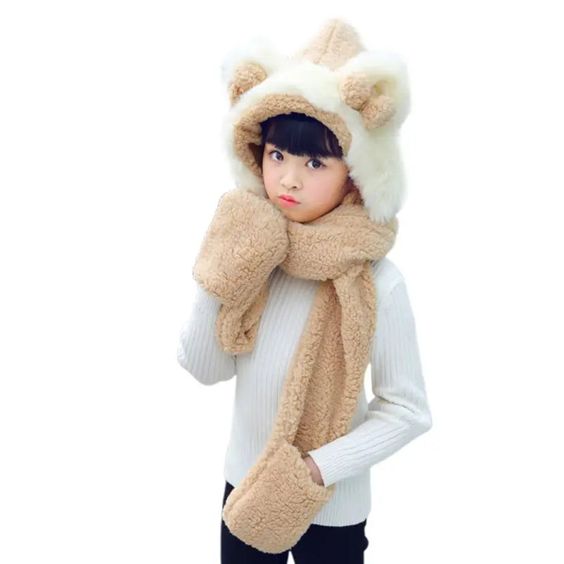 Kids 3 in 1 Warm Plush Winter Hat  Bear Ears Scarf Gloves Hoodie Cap