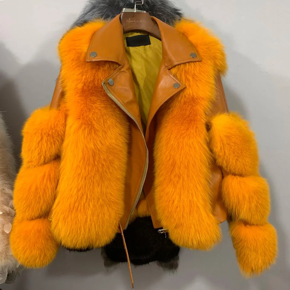 Genuine Sheepskin Leather Fur Jacket Real Fox Fur Coat for Women Ladies