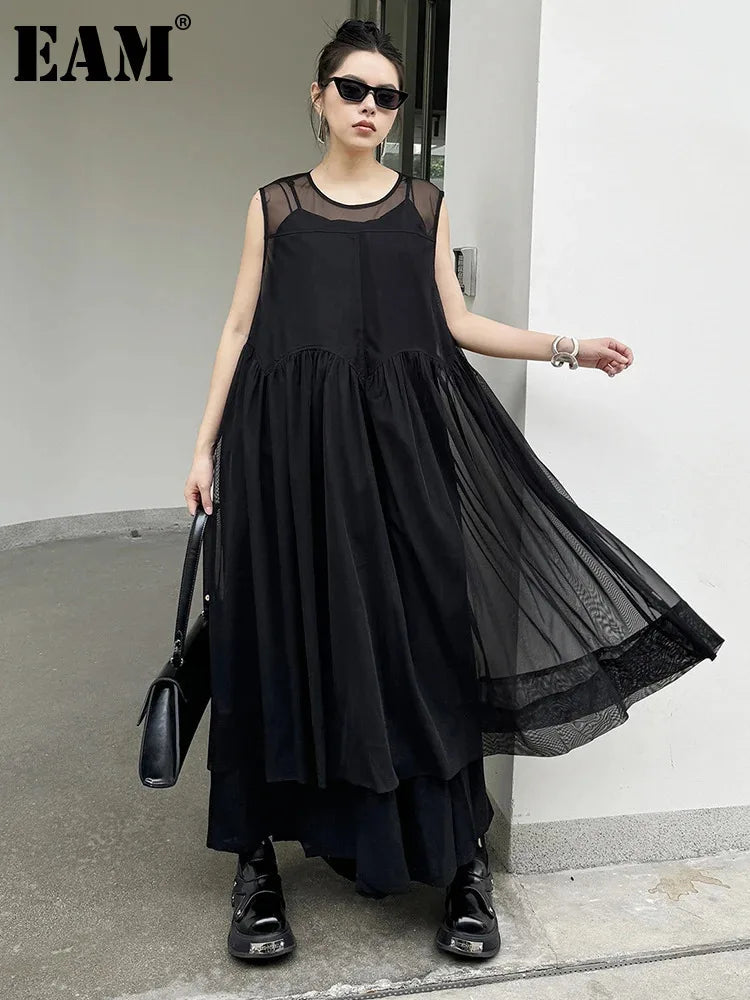 Women Black Mesh Pleated Elegant Dress