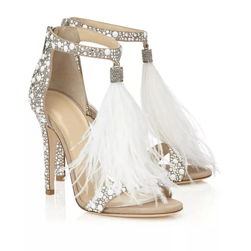 Women Sandals Stiletto Sandalia Feminina High Heels Sandals Rhinestone Feather Wedding Party Evening Dress Shoes Tassel