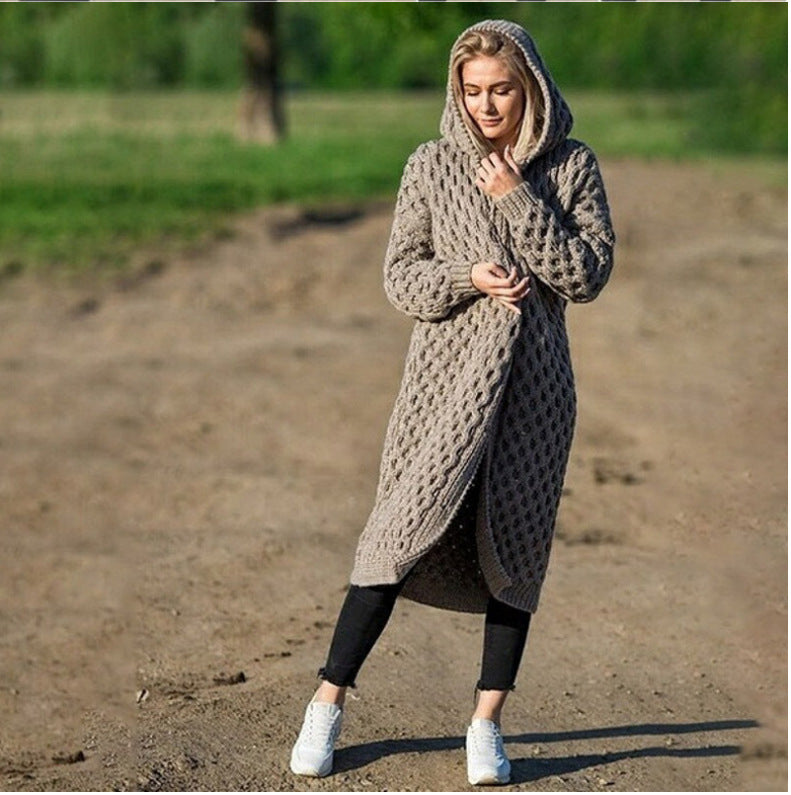 Plain Knitted Cardigan Sweater With Hoodie Long Oversize Sweater Coat Women