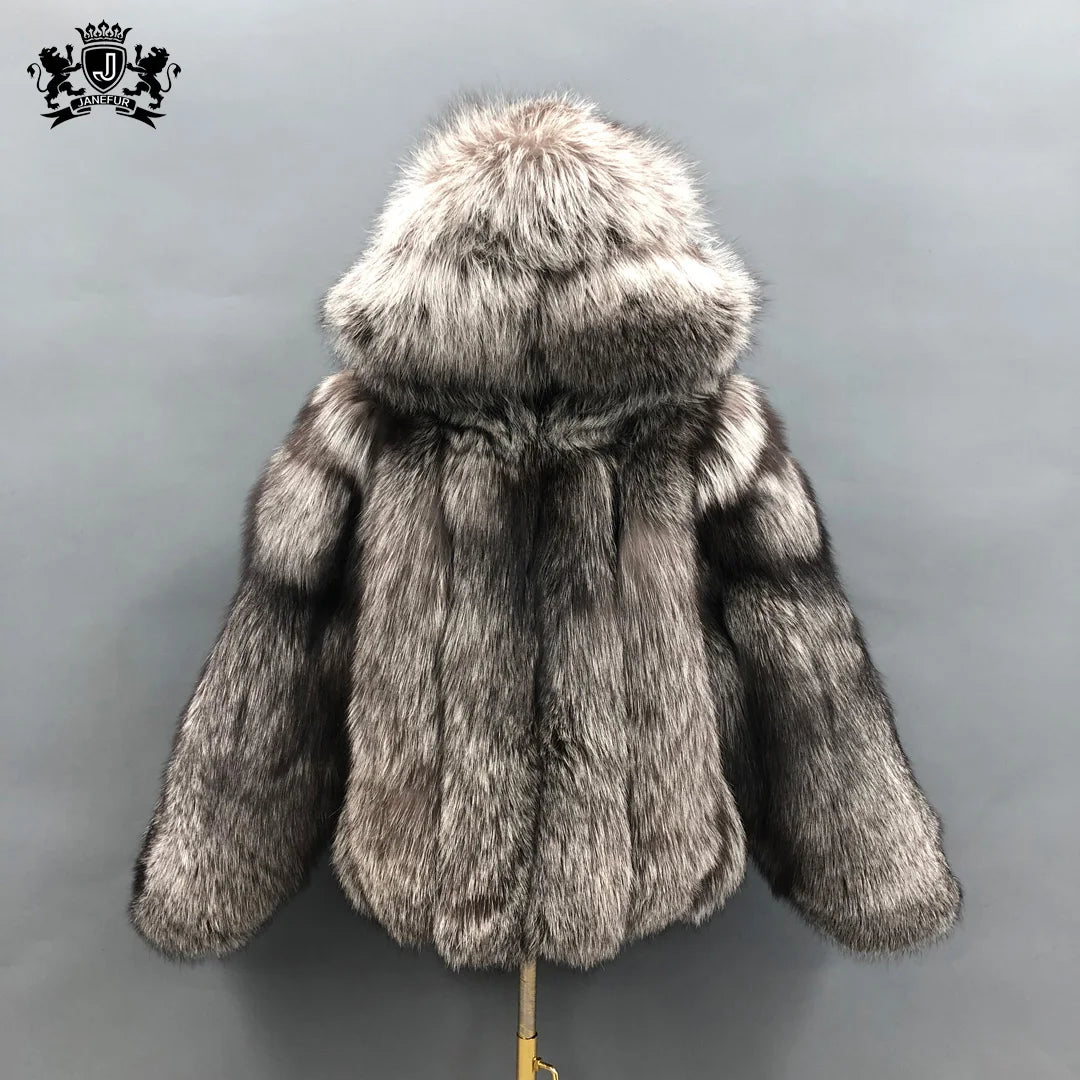 New Fashion Fur Women Coats Cropped  Ladies Real Fox Fur Coat Hood High Quality Winter Fur Coat