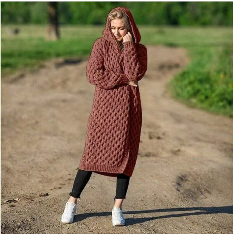 Plain Knitted Cardigan Sweater With Hoodie Long Oversize Sweater Coat Women