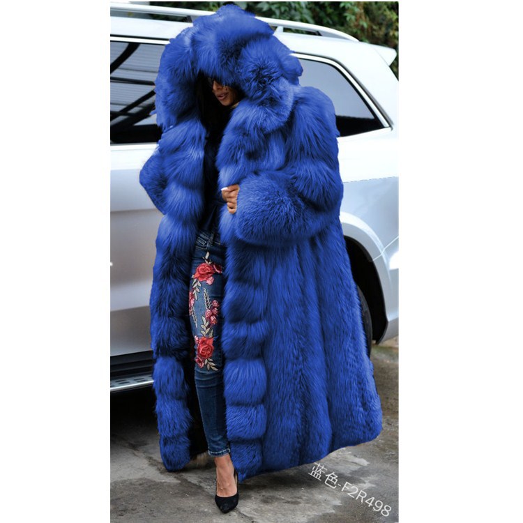 New Faux Fur Fox Fur Hooded Coat Women High Quality Genuine Jacket Thick Jackets 130cm Long Winter Warm Overcoats Luxury Fur