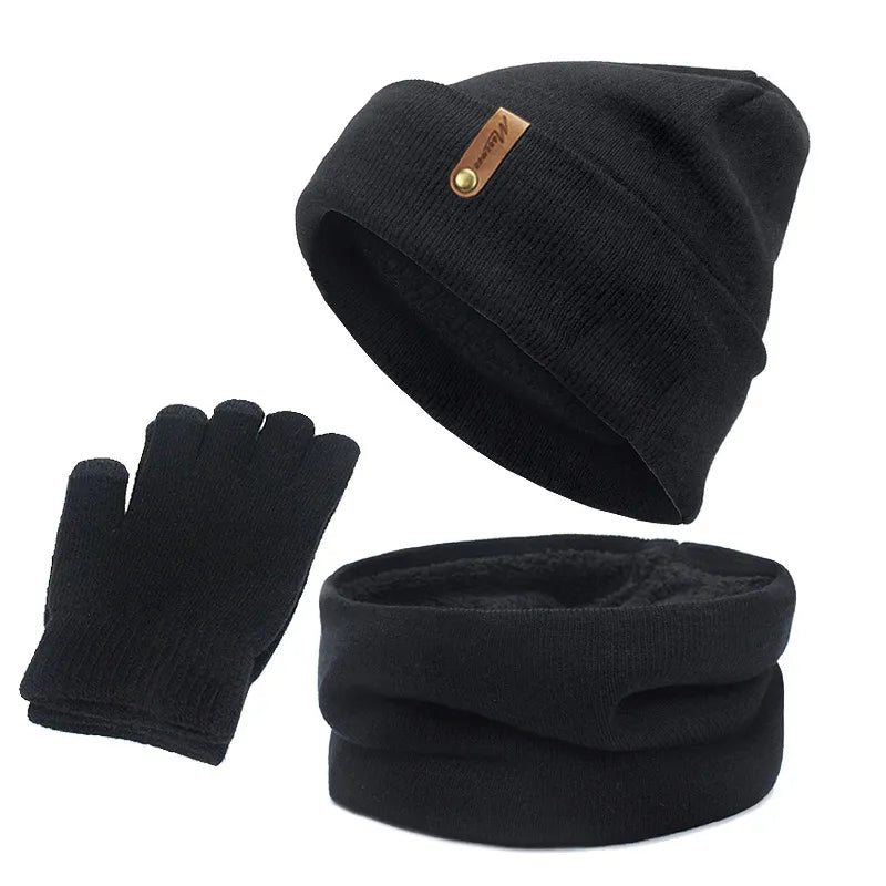 Unisex Beanies Hat Ring Scarf Gloves Set Winter Knitted Thick Warm Cap Women Men Solid Retro Beanie Hat Soft Touch Screen Gloves