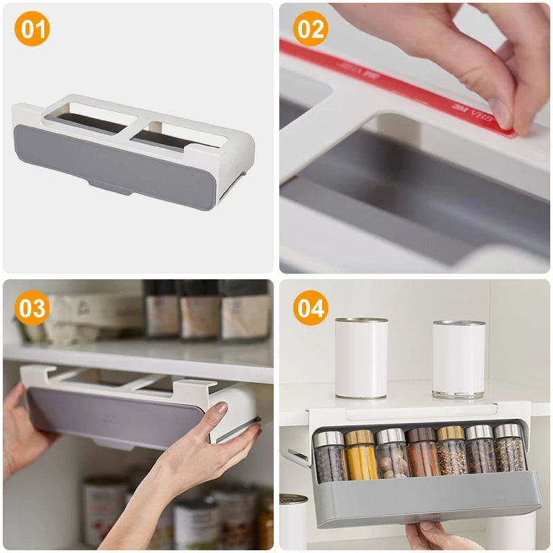 Kitchen Self-Adhesive Spice Rack Seasoning Bottle Storage Shelf Under Desk Spice Organizer Drawer Kitchen Storage Supplies