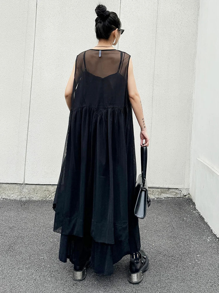 Women Black Mesh Pleated Elegant Dress