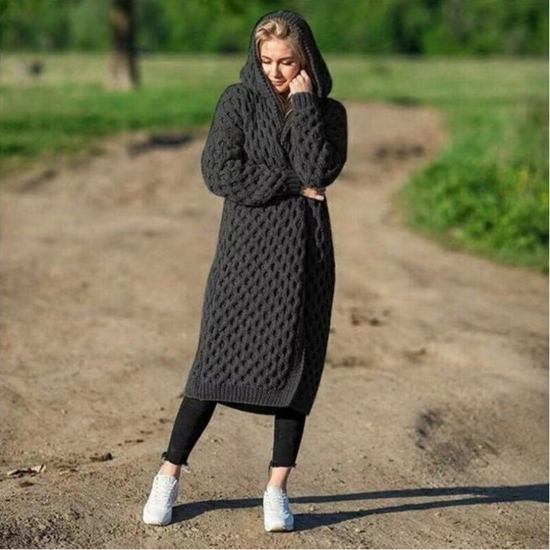 Plain Knitted Cardigan Sweater With Hoodie Long Oversize Sweater Coat Women