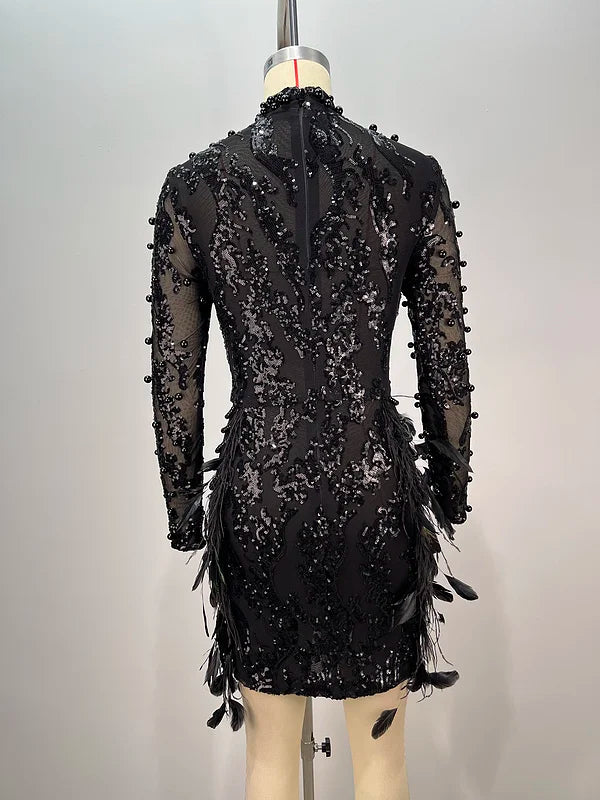 A9664 Western Styles Feather Beaded Women Mini Gown Dress Sequined Long Sleeves Black Ladies Evening Dress