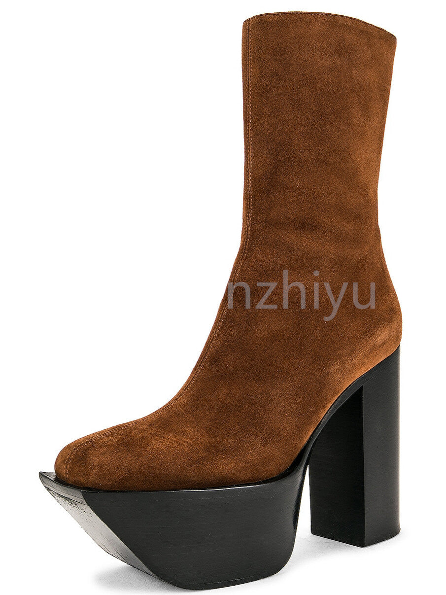 Wood Platform Boots PU Leather Designer Dress Shoes Zip Ankle Short Booties Luxury Boots Chunky High Heels Winter Cowboy Boots