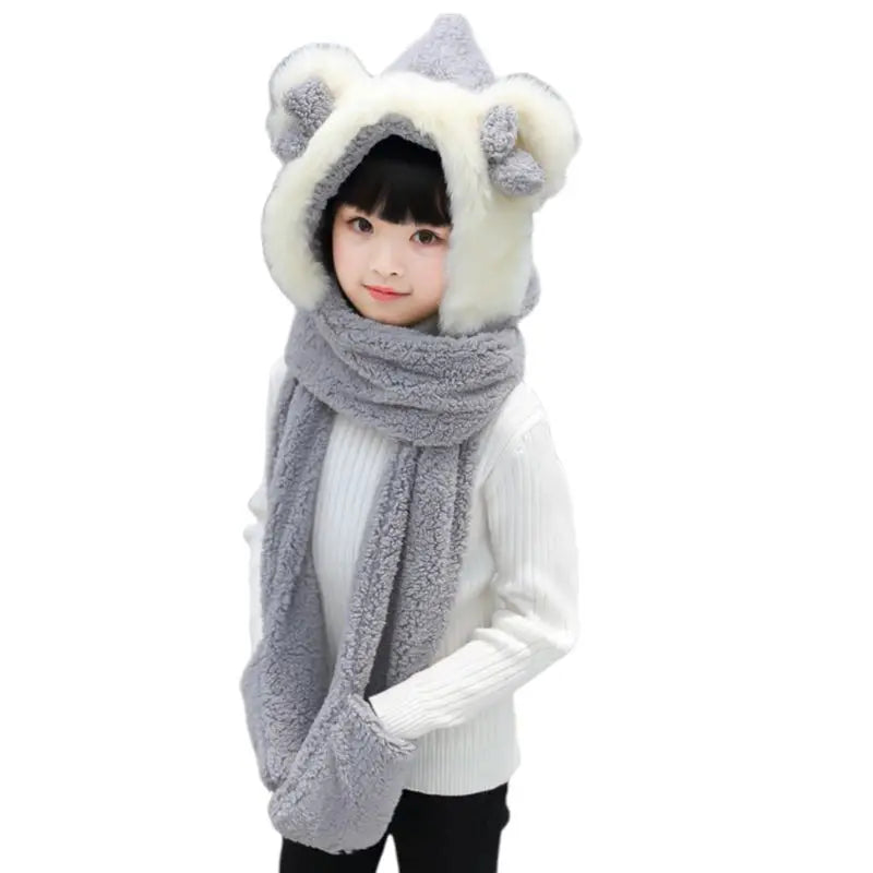 Kids 3 in 1 Warm Plush Winter Hat  Bear Ears Scarf Gloves Hoodie Cap