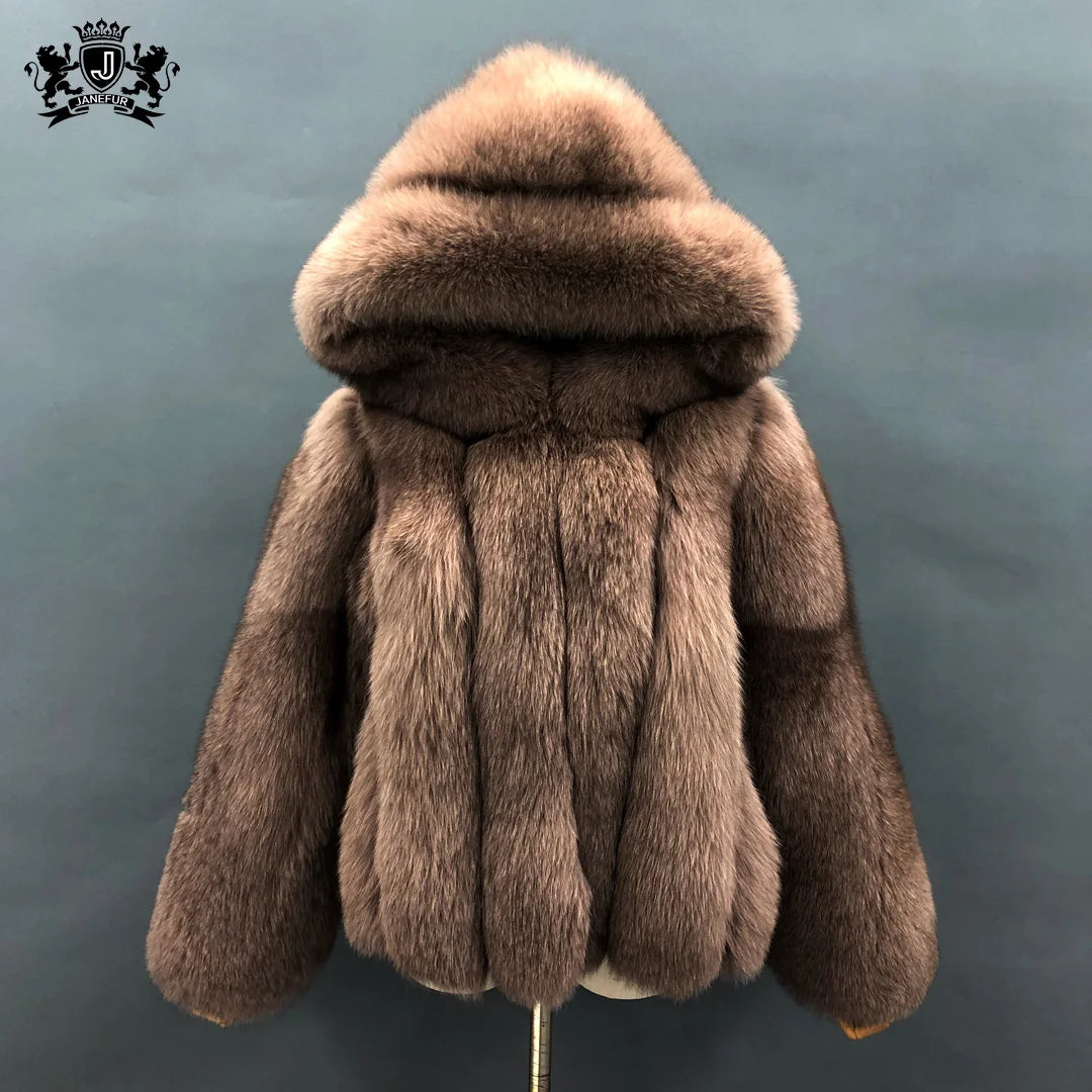 New Fashion Fur Women Coats Cropped  Ladies Real Fox Fur Coat Hood High Quality Winter Fur Coat