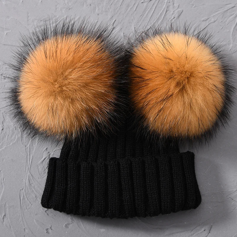 Winter Real Fur Ball Beanie Hat for Women Ladies Fluffy Double Natural Raccoon Fur Pom Pom Skullies Beanie Hat With 2 Fur Pompom