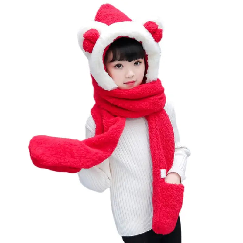 Kids 3 in 1 Warm Plush Winter Hat  Bear Ears Scarf Gloves Hoodie Cap