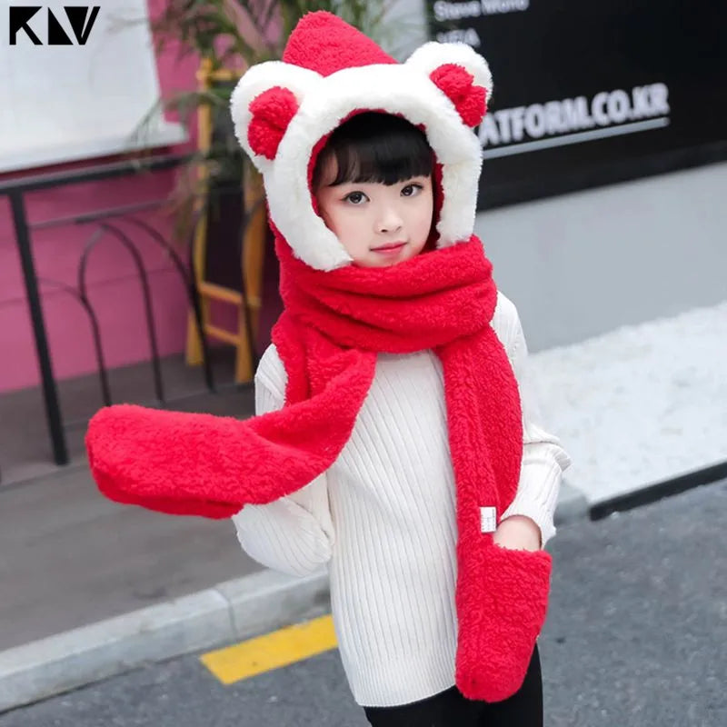 Kids 3 in 1 Warm Plush Winter Hat  Bear Ears Scarf Gloves Hoodie Cap