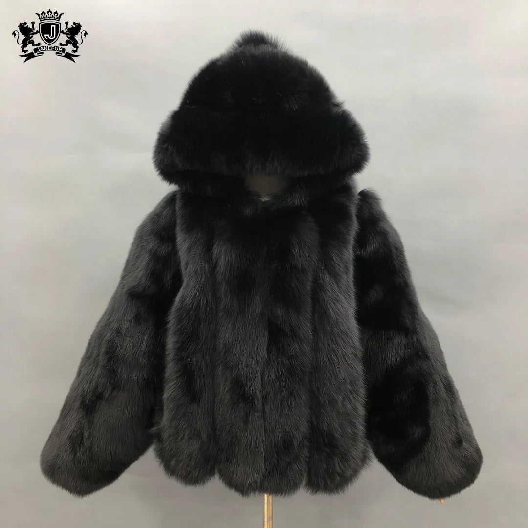 New Fashion Fur Women Coats Cropped  Ladies Real Fox Fur Coat Hood High Quality Winter Fur Coat