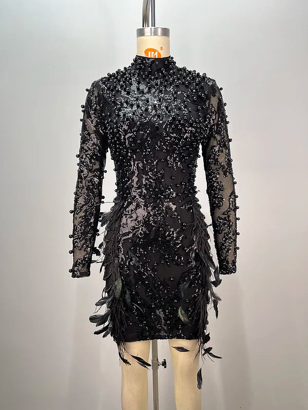 A9664 Western Styles Feather Beaded Women Mini Gown Dress Sequined Long Sleeves Black Ladies Evening Dress