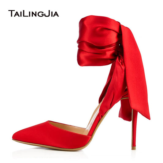 Elegant Pointed Toe High Heel Red Satin Pumps Black Dress Shoes for Women Ankle Wraps Slingbacks Evening Heels Summer Shoes 2021