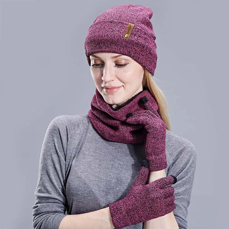 Unisex Beanies Hat Ring Scarf Gloves Set Winter Knitted Thick Warm Cap Women Men Solid Retro Beanie Hat Soft Touch Screen Gloves