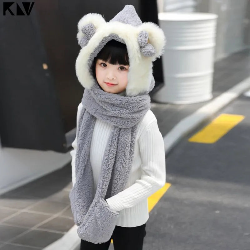 Kids 3 in 1 Warm Plush Winter Hat  Bear Ears Scarf Gloves Hoodie Cap