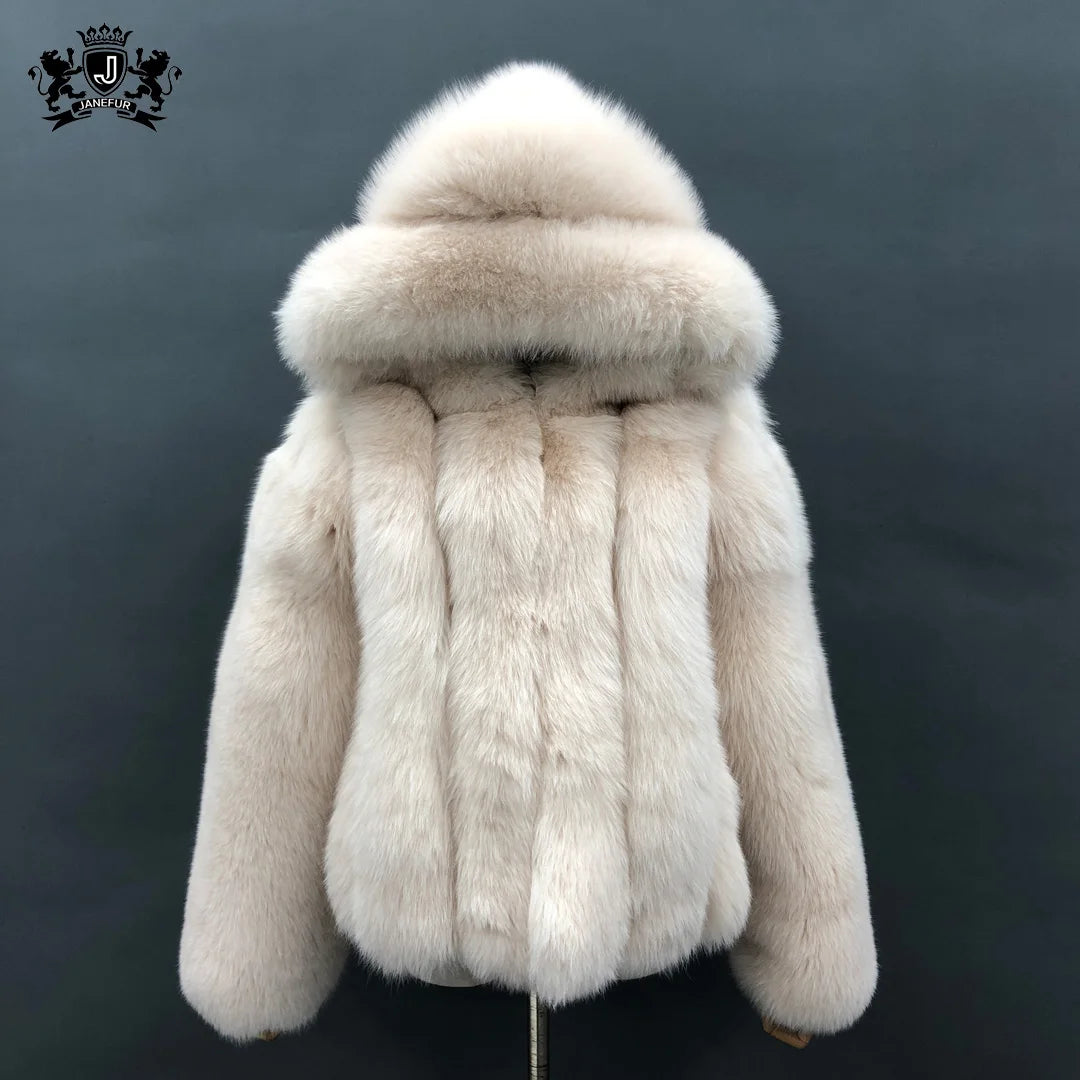 New Fashion Fur Women Coats Cropped  Ladies Real Fox Fur Coat Hood High Quality Winter Fur Coat