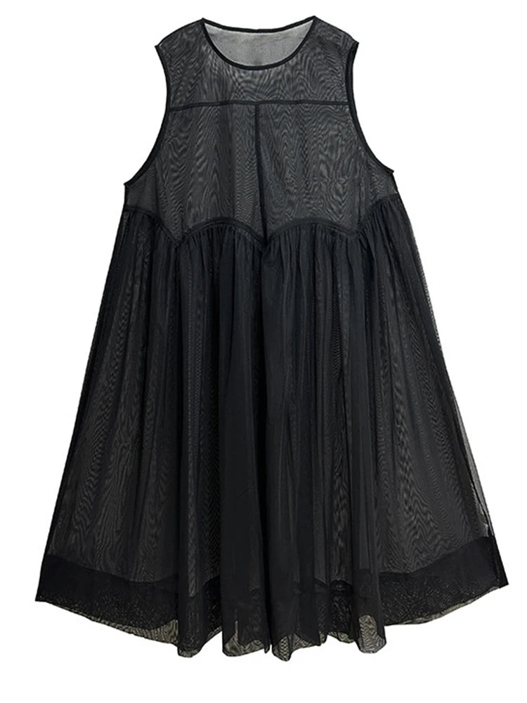 Women Black Mesh Pleated Elegant Dress