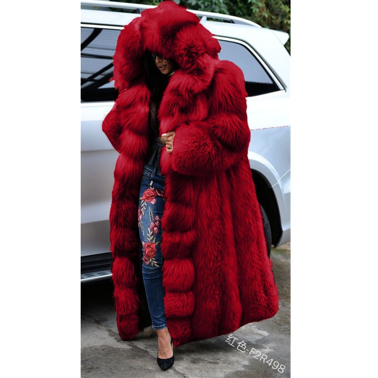 New Faux Fur Fox Fur Hooded Coat Women High Quality Genuine Jacket Thick Jackets 130cm Long Winter Warm Overcoats Luxury Fur